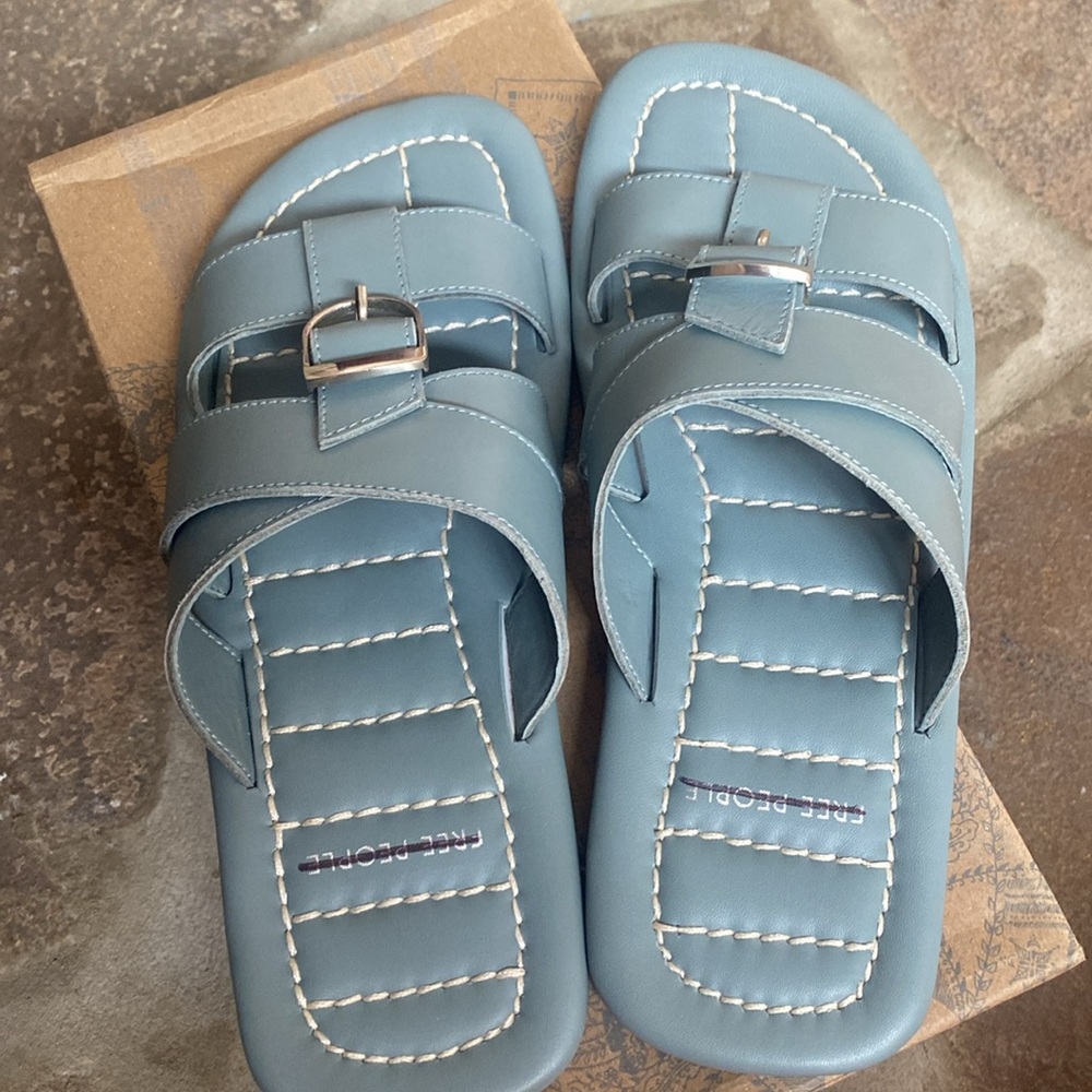 FREE PEOPLE Sloan Blue Buckle Leather Slides Sandals in Stormy Sea NIB - Picture 6 of 7